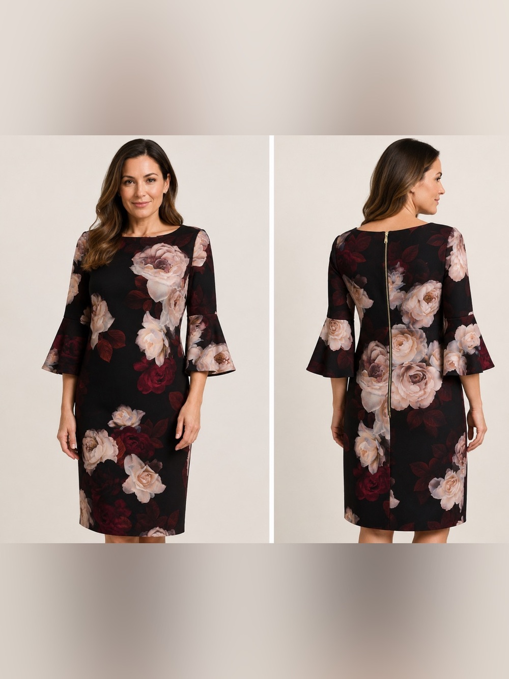 Calvin Klein Watercolor Floral Sheath Dress 3/4 Bell Sleeves Rose Gold Zipper